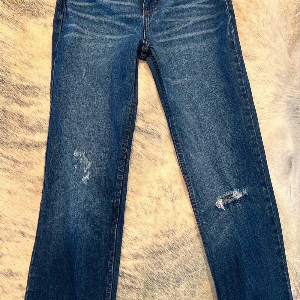 Cleo+Wolf Women’s Blue Jeans 25/32 Straight Leg High Rise Distressed Medium Wash